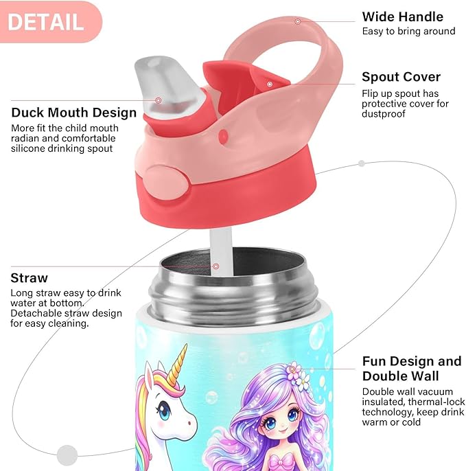 Unicorn Cat with Wings Insulated Water Bottle 20 oz with Straw and Carry Handle Galaxy Space Stars Boys Girls Bottle Vacuum Stainless Steel Bottles Leak-Proof for Sports Travel and School