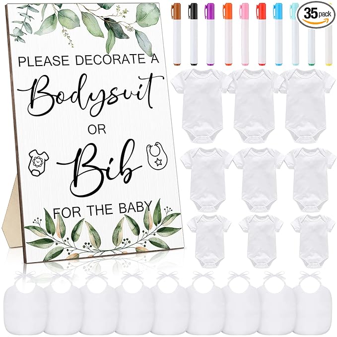 Roowest 35 Pcs Baby Shower Bibs Games Design Wooden Baby Shower Party Game Sign DIY Bodysuit Sign 15 White Blank Bibs 9 Bodysuit 10 Markers for Party Supplies(Greenery)