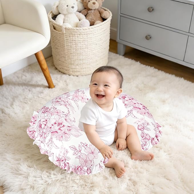 DILIMI Nursing Pillow Cover, Removable Ruffled Pillowcase for Breastfeeding Pillows, Ultra Soft Comfortable Slipcover for Baby Girl and Boy, Pink Floral