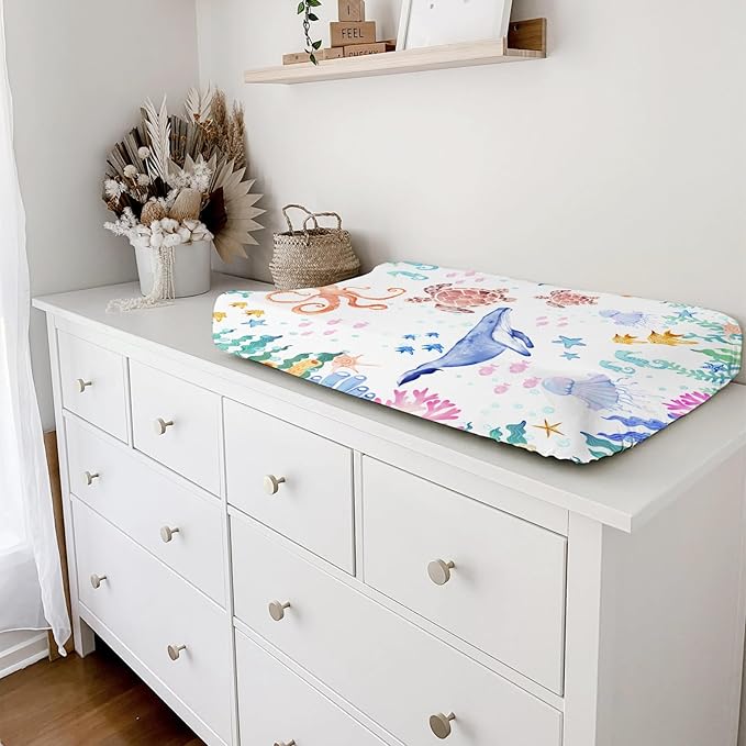 Colorful Nautical Life Changing Pad Cover Ocean Animals Corals Sea Weeds Baby Change Table Pad Cover for Boys Girls Soft Stretchy Fitted Diaper Changing Mat Sheets 32''x16''