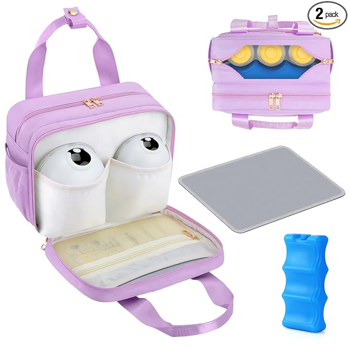 PIIOSER Breastmilk Cooler Travel Bag with Ice Pack, Compatible with Wearable Breast Pumps & Accessories - Portable Hands Free Breast Pump Carrying Case for Nursing & Working Moms, Purple