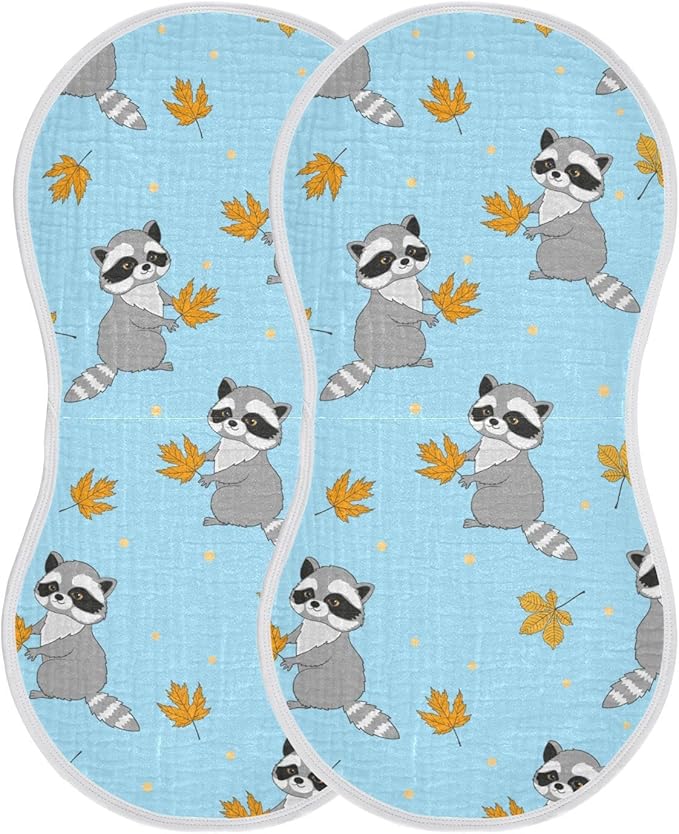 Raccoons Autumn Leaves Pattern Muslin Burp Cloths for Baby 2 Pack 100% Cotton Baby Washcloths Bibs for Boy Girl