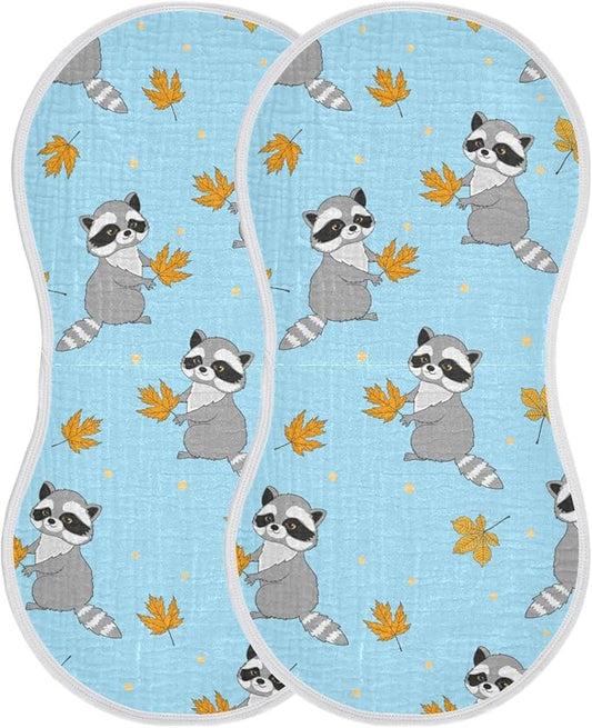 Raccoons Autumn Leaves Pattern Muslin Burp Cloths for Baby 2 Pack 100% Cotton Baby Washcloths Bibs for Boy Girl