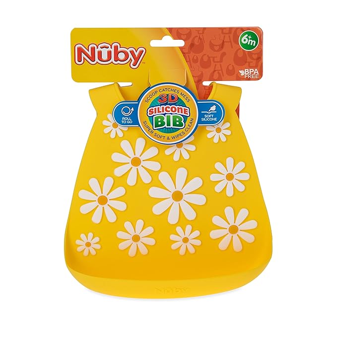 Nuby 3D Soft Silicone Baby Bib with Scoop - Silicone Bib for Toddlers and Babies 6+ Months - Yellow Daisy