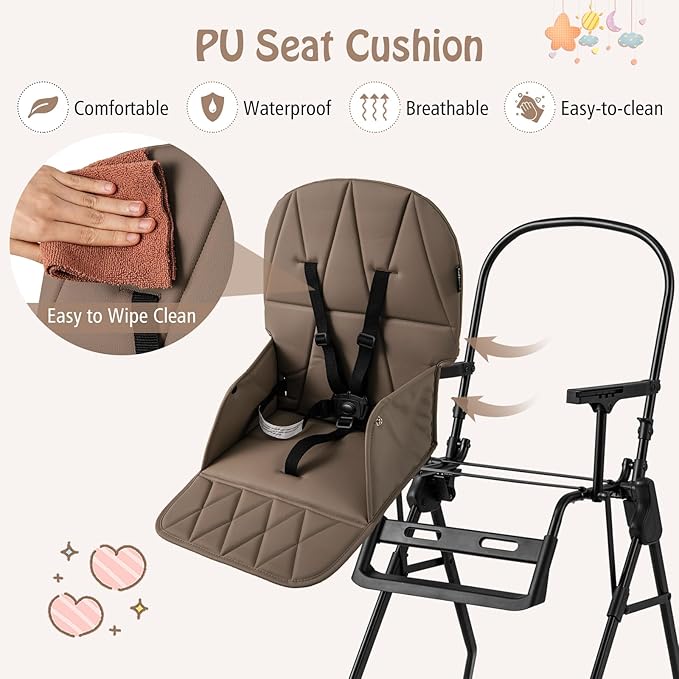 BABY JOY Foldable High Chair, Portable Highchairs for Babies and Toddlers with 3-Position Adjustable Tray & Footrest, Removable Seat Cushion, 5-Point Safety Harness, Space Saving Design (Coffee)