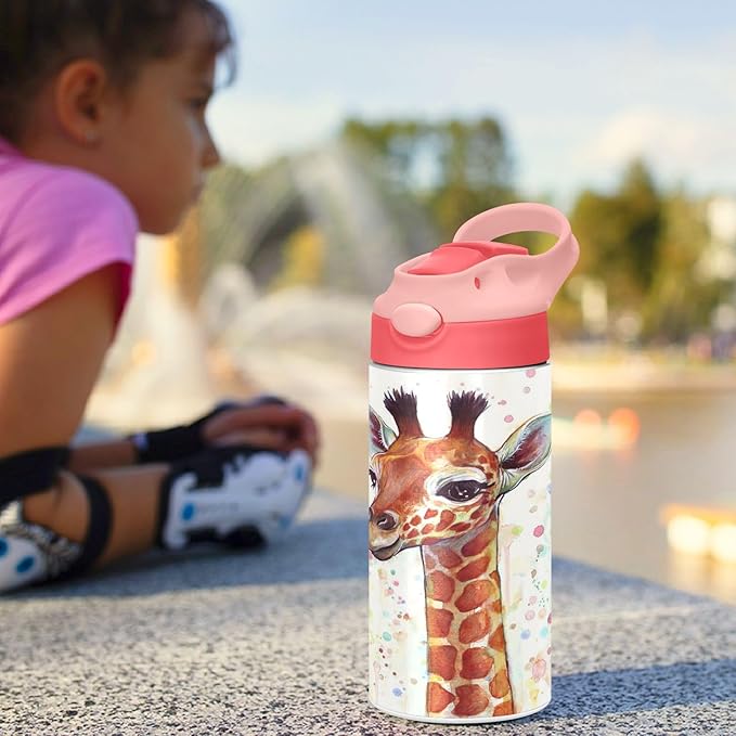 Giraffe Kids Water Bottle with Straw and Carry Handle Cute Animals Vacuum Insulated Stainless Steel Bottles Leak-Proof for Boys Girls Toddler 12 oz Pink Lid