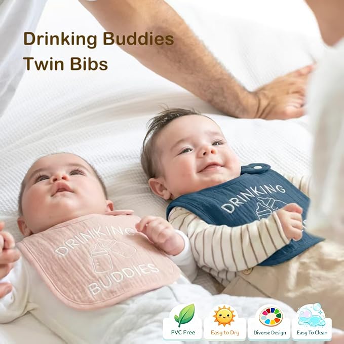 Twin Bibs – Ultra-Soft Cotton Yarn Twin Baby Bibs - 'Drinking Buddies' Design, High Absorbency, Perfect Infant Gift