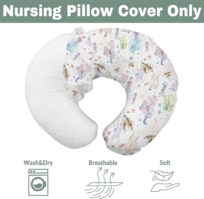 Retro Sea Animals Baby Nursing Pillow Covers for Boy Girl Boho Sea Horse Turtle Jellyfish Starfish Coral Nursing Pillowcase for Breastfeeding Pillows Ocean Marine Soft Stretchy Slipcovers for Newborn