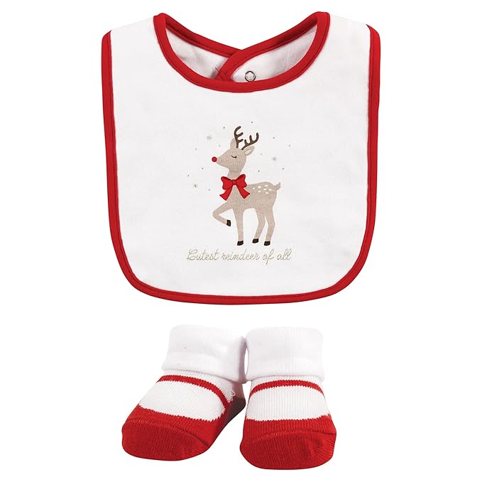Hudson Baby Unisex Baby Cotton Bib and Sock Set, Fancy Rudolph, One Size