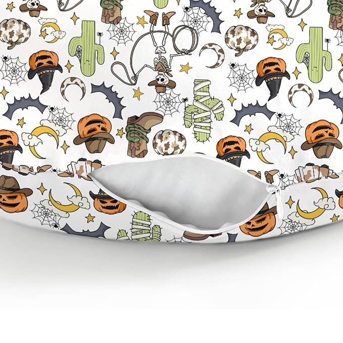 Western Halloween Cowboy Nursing Pillow Covers for Boy Girl Spooky Skeleton Pumpkin Cactus Witch Bats Nursery Pillowcase for Breastfeeding Pillows Wild West Country Soft Stretchy Slipcovers for Infant