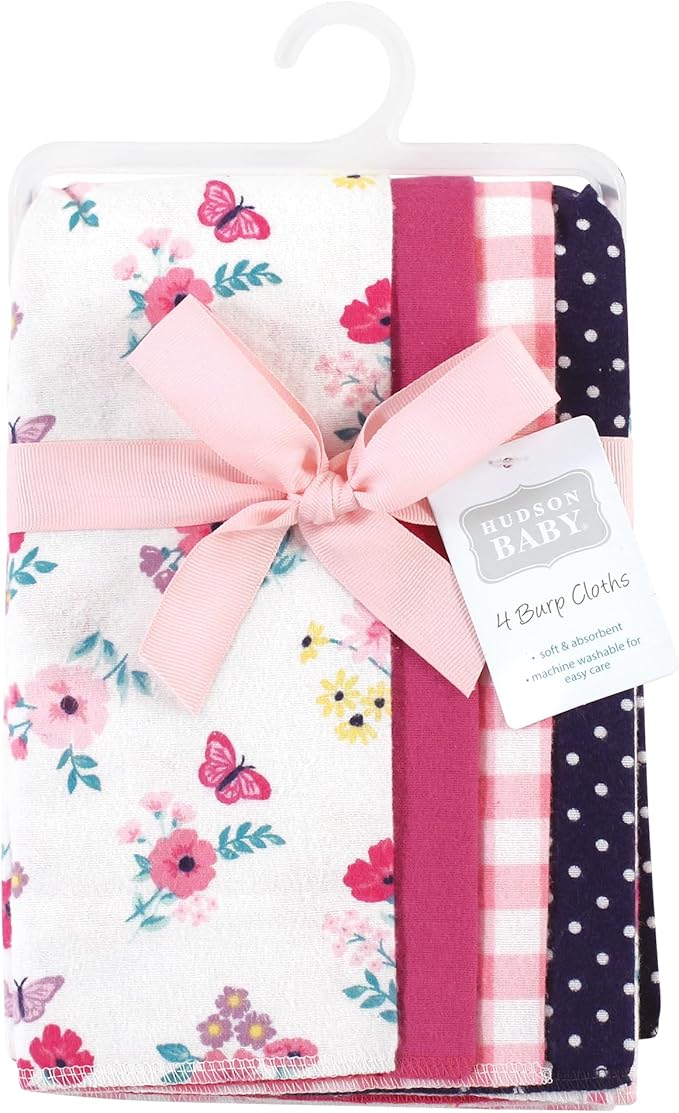 Hudson Baby Cotton Poly Flannel Burp Cloths Multipack, Butterfly Floral 8-Pack, One Size
