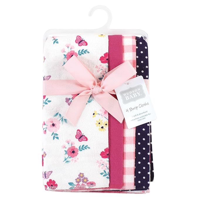 Hudson Baby Unisex Baby Cotton Flannel Burp Cloths, Butterfly Floral 4-Pack, One Size