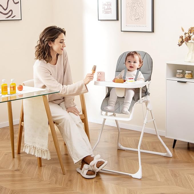 HONEY JOY High Chair, Foldable Baby Feeding Chair, Adjustable Tray & Footrest, Removable Easy-to-Clean PU Seat Cushion, 5-Point Harness, Cup Holder, Highchairs for Babies and Toddlers (Gray)