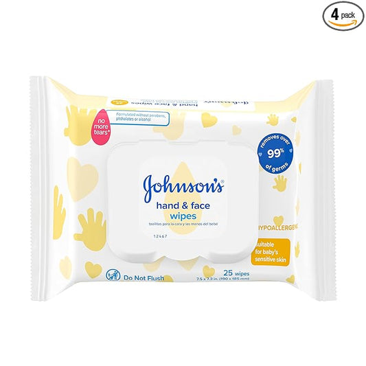 Johnson's Hand & Face Baby Sanitizing Cleansing Wipes for Travel and On-the-Go, No More Tears Formula, Paraben and Alcohol Free, 25 ct (Pack of 4)
