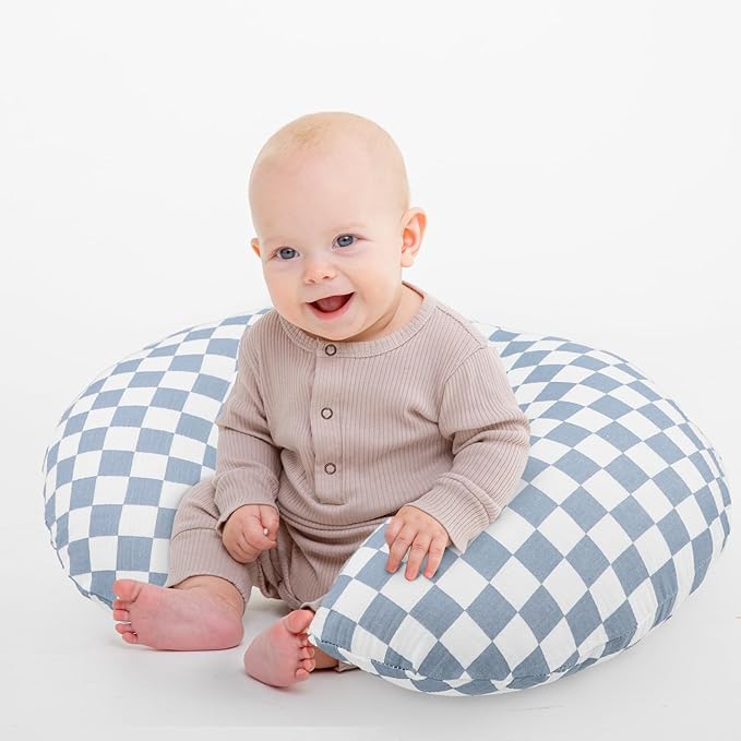 DILIMI Muslin Nursing Pillow Cover 2 Pack, Removable Nursing Cover for Breastfeeding Pillows, Ultra Soft Comfortable Slipcover for Baby Girl and Boy, Navy & Blue Checkered