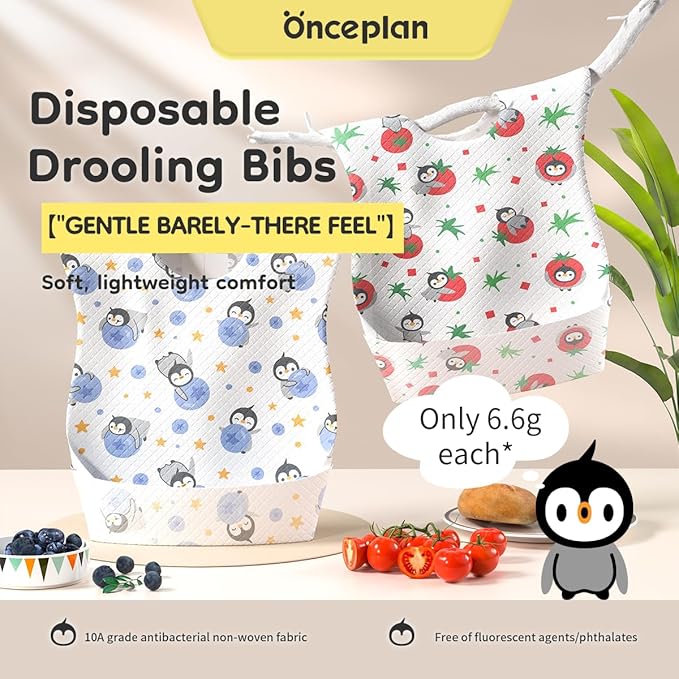 Disposable Feeding Bibs, 24 Individual Pack for Baby & Kids -Adjustable Adhesive Tabs, 13.78’’x 9.45’’ Toddler Bibs for Eating (【24pcs】 Oliver & Peach)