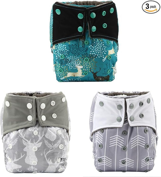3 AIll in One Cloth Diapers Nappies for Night AIO Sewn in Insert Reusable Washable (Deer Pack)