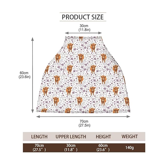 5-in-1 Unisex Western Farm Animals Cow Pattern Baby Carseat Stroller Cover for Boys Girls, Highland Cow Flowers Infant Toddler Privacy Nursing Breastfeeding Canopy, Grocery Shopping Cart Cover-24x28