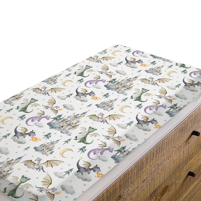 Baby Boy Girl Changing Pad Covers Dragon Tale Castle, Watercolor Green Moon Clouds Stars Tree Safe Snug Fitted Diaper Table Sheet, Soft Breathable Stretchy Change Mat Fit 32 34 x 16