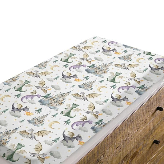 Baby Boy Girl Changing Pad Covers Dragon Tale Castle, Watercolor Green Moon Clouds Stars Tree Safe Snug Fitted Diaper Table Sheet, Soft Breathable Stretchy Change Mat Fit 32 34 x 16