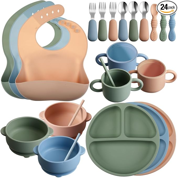 24 Pack Silicone Baby Feeding Set Baby LED Weaning Supplies Includes Suction Divided Plates Soft Bowl Spoons Forks Adjustable Bib Snack Cup and Straws(Dark Green, Dark Blue, Walnut Color)