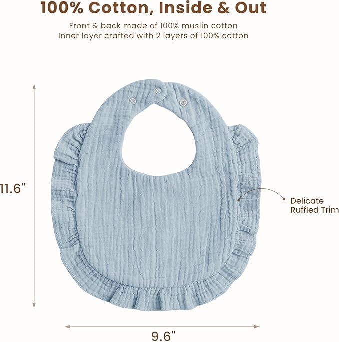 Konssy Muslin Baby Bibs for Girls – Soft 100% Cotton Drool Bibs, Ruffle Trim for Newborns & Toddlers 0-36 Months 3-Pack