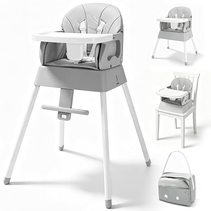 5 in 1 Foldable Baby High Chair,Convertible Highchair for Babies and Toddlers-Portable Infant Booster Seat,Carry Small Box,Dining Chair,Toddler High Chair with 5-Point Harness,Removable Tray-Grey