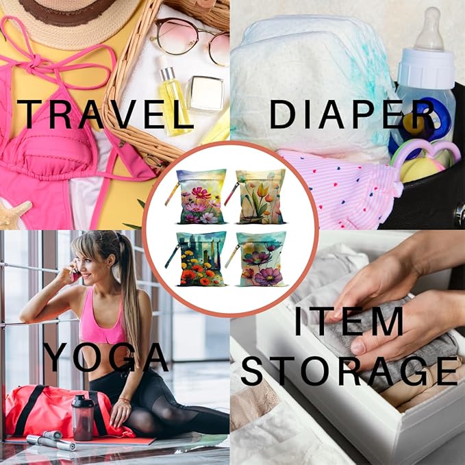 4 Pack Wet Bag Waterproof Washable Reusable Wet Dry Bag for Swimsuit Dirty Clothes Diaper Travel Beach Pool Gym Christmas Camping Toiletries Beach Essentials，Colorful Flower Abstract Wildflowers
