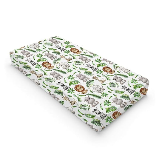 Baby Safari Animals Tropical Leaves Changing Pad Covers Lion Elephant Giraffe Zebra Hippo Diaper Change Table Pad Covers for Girl Boy Soft Breathable Stretch Changing Mat Sheets 32''x16''