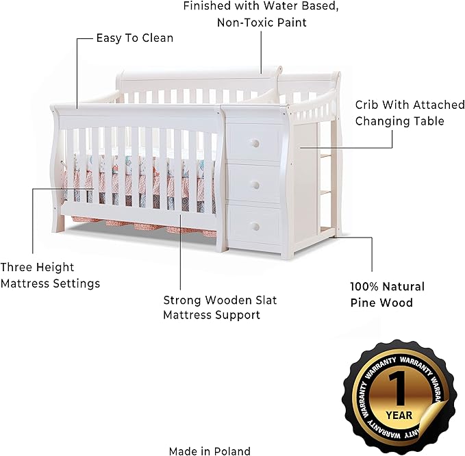 Sorelle Furniture Princeton Elite Crib and Changer Classic -in- Convertible Diaper Changing Table Made of Pine Wood Non-Toxic Finish Wooden Baby Bed Toddler Childs Daybed Full-Size Nursery - White