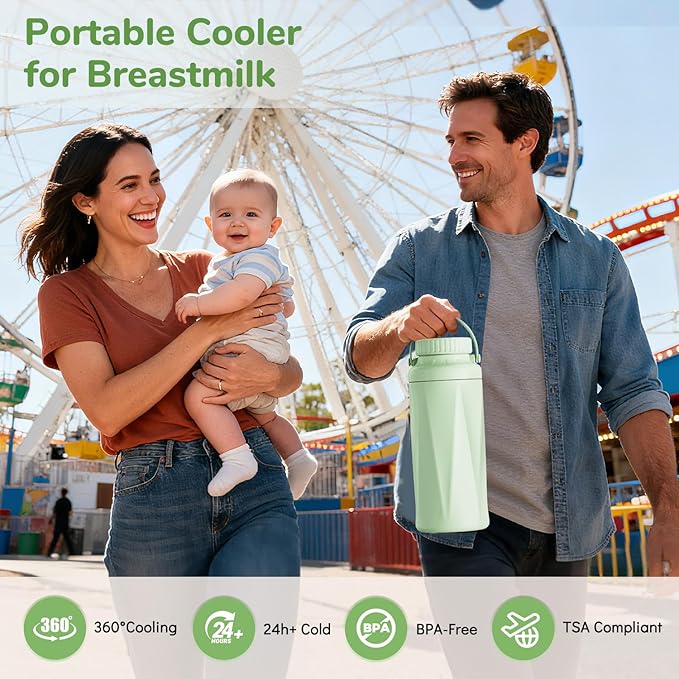 22oz Portable Breast Milk Cooler Bottle-Milk Cooler for Outdoor Travel, Keeps Fresh Cooling for 24+ Hours,Breastfeeding Essentials with 2pcs Bottle for Breastmilk Storage (Mint-Green)