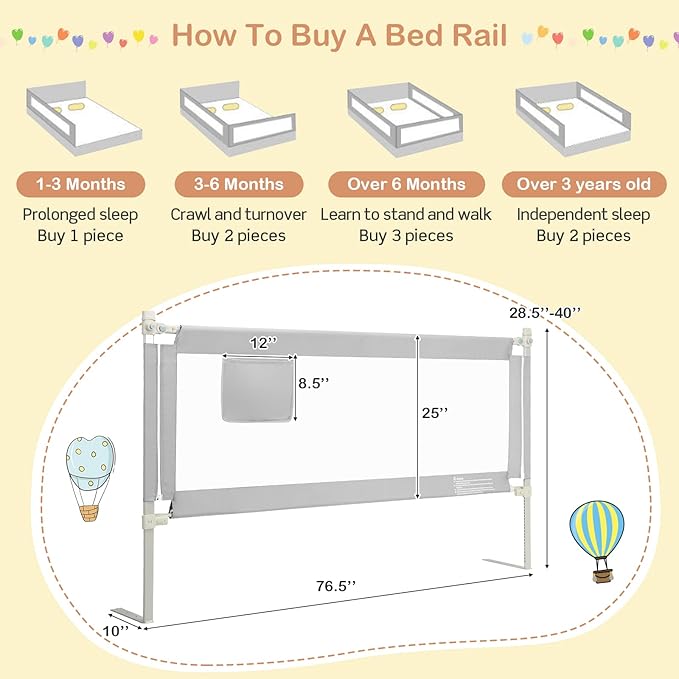 HONEY JOY Bed Rail for Toddlers, 77-in Extra Long, Portable Safety Bed Guardrail w/Side Pocket, Baby Bed Rail Guard, Fit King & Queen Full Twin Size Bed Mattress (77 INCH, Gray)