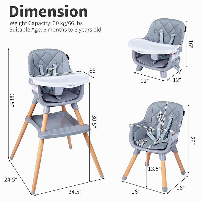 BABY JOY 8-in-1 High Chair, Convertible Wooden Highchairs for Babies and Toddlers | Dining Booster Seat | Toddler Stool, Double Removable Tray, 5-Point Safety Harness & Waterproof PU Cushion (Gray)