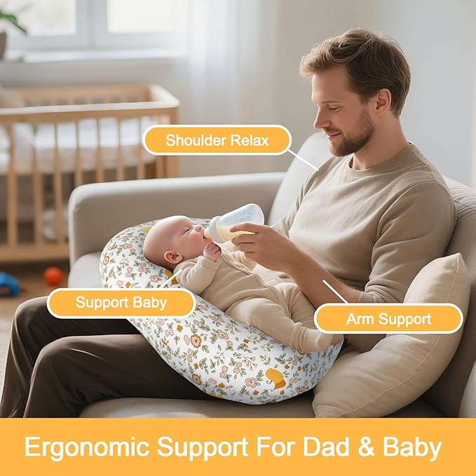 Ergonomic Nursing Pillow for Breastfeeding & Bottle Feeding, Breastfeeding Pillow to Reduce Back Neck Strain, Suitable for Breastfeeding Mom & Baby, Washable Cotton Cover(Flower Beige)