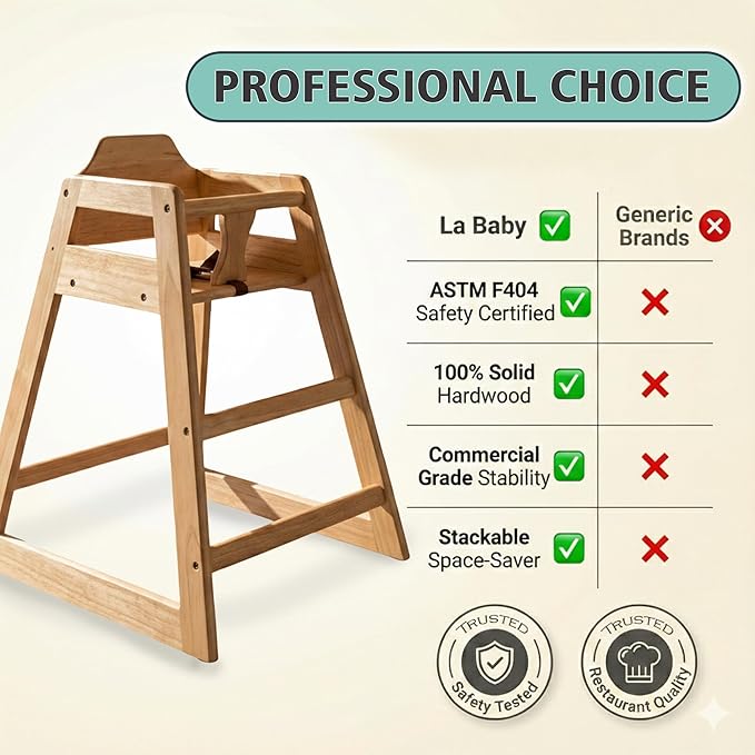 LA Baby Wooden High Chair - Restaurant Style Solid Wood Highchair for Babies and Toddlers - ASTM F404 Safety Certified - Stackable Design - Natural