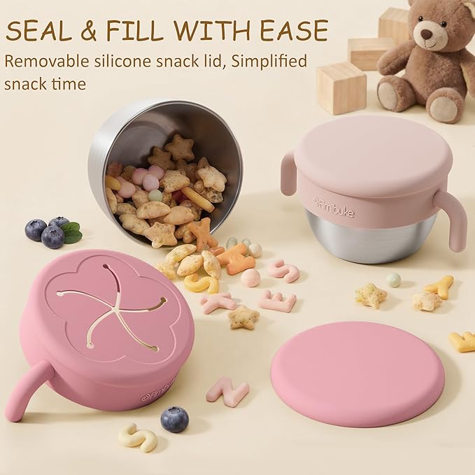 Fimibuke Snack Containers for Toddlers Kids, 12 OZ Spill Proof Stainless Steel Baby Snack Cups with Removable Silicone Food Catcher, Handles & Travel Lid BPA-Free Dishwasher Safe Food Container 2 Pack