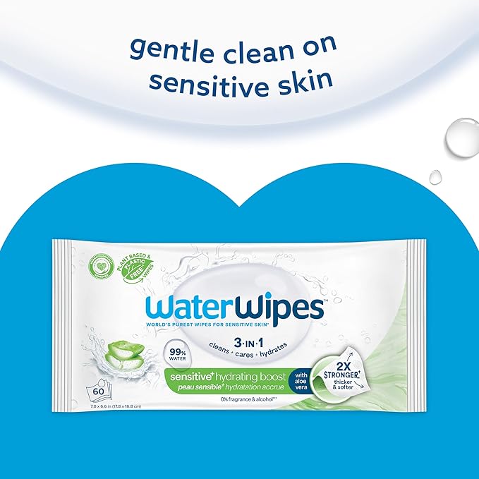 WaterWipes Sensitive+ Hydrating Boost Wipes, 3-In-1 Cleans, Cares, Hydrates, 99% Water with Aloe Vera, Unscented & Hypoallergenic Baby Wipes, 60 Count (1 Pack)