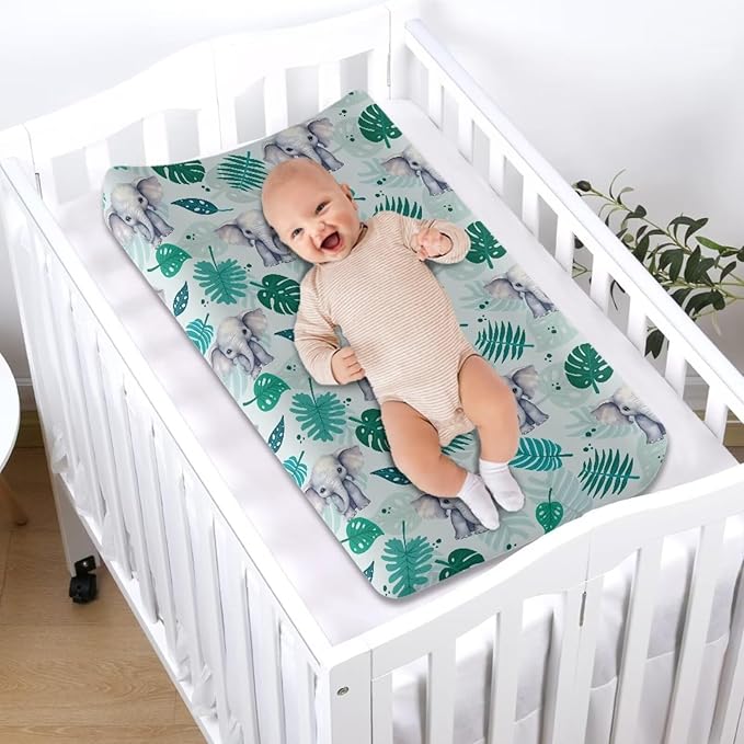 ZDCUSTOM Elephant Leaf Changing Pad Cover 1 Pack for Baby Boy & Girl Diaper Changing Pad Cover Cradle Mattress Sheets Soft Changing Mat Cover Fits 32"x16" Contoured Pad