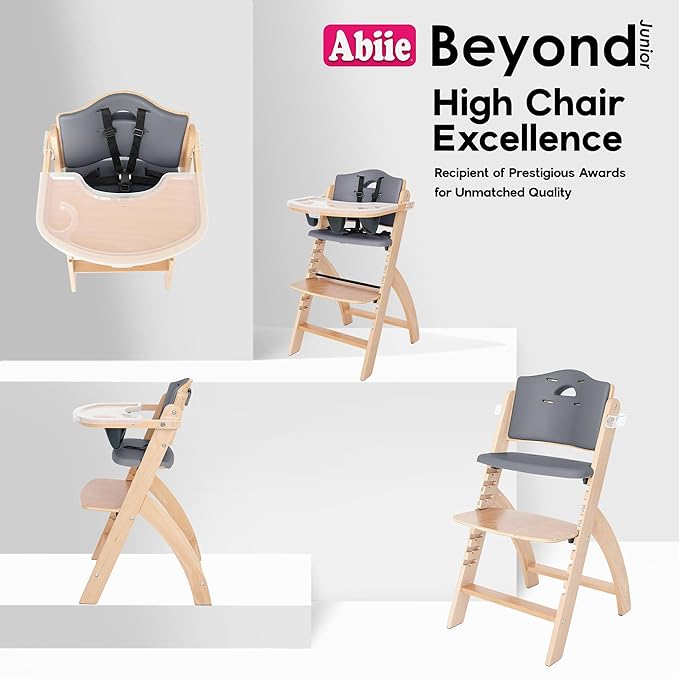 Abiie Beyond Junior Wooden High Chair for Babies and Toddlers - Convertible 3-in-1 Baby Highchair with Removable Tray - 6 Months to 250 Lb - Water Resistant - Natural Wood with Dark Grey Cushion
