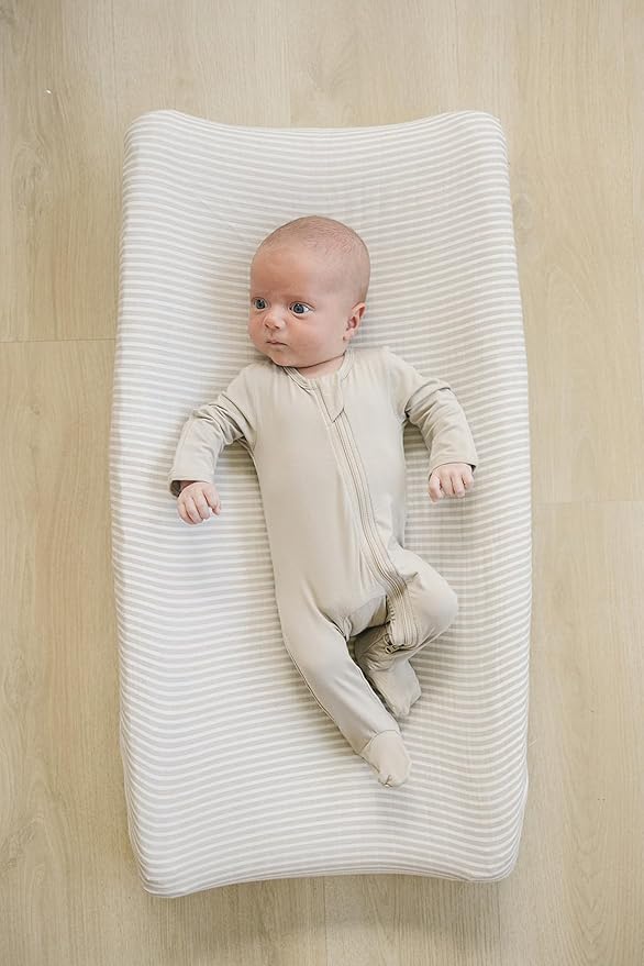 Mebie Baby Changing Pad, Taupe Stripe, 100% Muslin Cotton Changing Table Pad Cover for Baby Boy and Girl, Designer Nursery Decor Covers, Diaper Changing Pad Cover for Changing Station