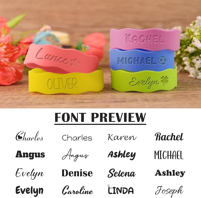 3UMeter 2PCS Personalized Waterproof Name Labels for Kids Custom Silicone Bottle Labels Engraved Non-Slip Elastic Reusable Water Bottle Name Bands for Boys Girls