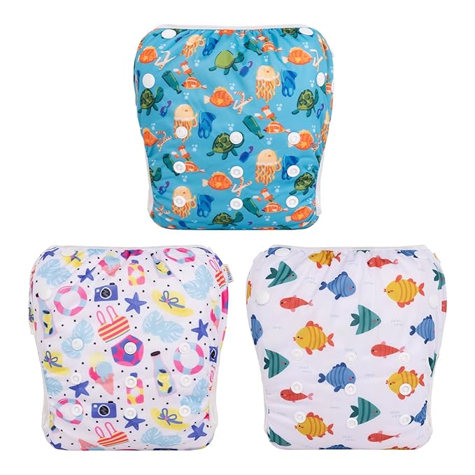 ALVABABY Large Cloth Swim Diaper 3pcs Baby/Toddler/Infant Snap Reusable Adjustable Swimming Diaper Baby Boy and Girl 3ZSWY29