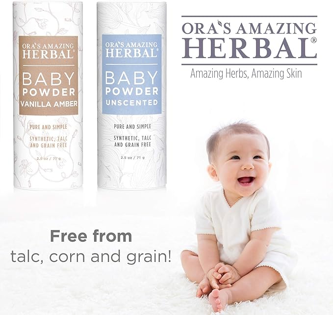 Baby Powder Talc-Free, Real Vanilla Amber Natural Scent, Cornstarch Free Arrowroot and Clay Based Powder, Synthetic Fragrance Free, Ora's Amazing Herbal, 2.5 oz