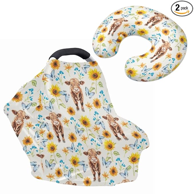 Sunflower Highland Cattle Car Seat Cover + U Shaped Pillow Case Cover Set of 2, Mom Nursing Covers Infant Breastfeeding Protectors for Shopping Cart/High Chair, Boys Girls