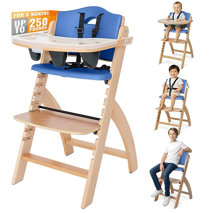 Abiie Beyond Junior Wooden High Chair for Babies and Toddlers - Convertible 3-in-1 Baby Highchair with Removable Tray - 6 Months to 250 Lb - Water Resistant - Natural Wood with Blueberry Cushion