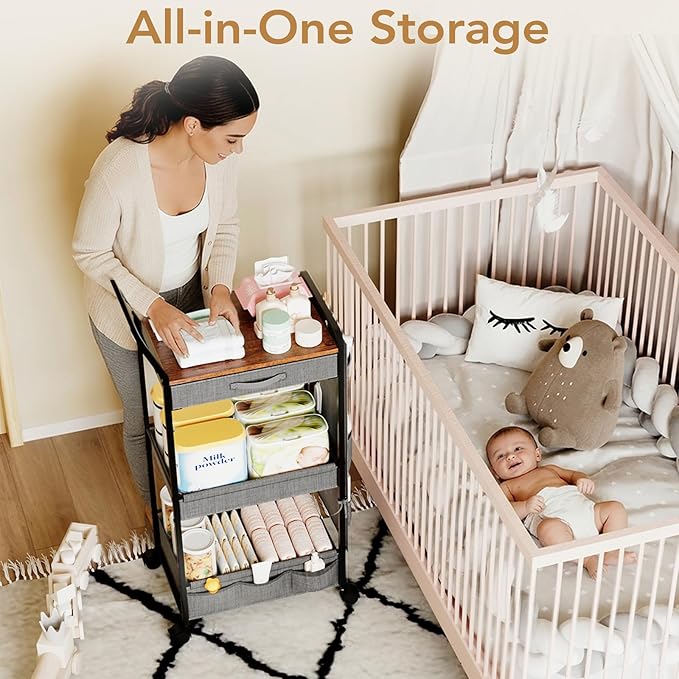 BBLIKE 3-Tier Diaper Caddy Organizer - Rolling Utility Baby Cart with Drawer and Side Pockets for Nursery and Baby Essentials, Multi-Function Cart for Bedroom and Bathroom, Gray