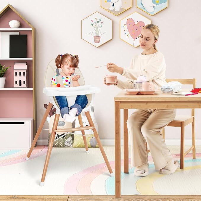 HONEY JOY Baby High Chair, Eat & Grow Beech Wooden Highchair for Babies and Toddlers, Removable Double-Layer Food Tray, 5-Point Harness, PU Cushion and Footrest for Infants Boys Girls (Beige)