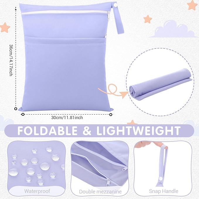 SATINIOR 4 Pack Wet Dry Bags for Baby Cloth Diapers 12x14 Washable Travel Swimsuit Wet Bags Reusable with Two Zippered Pockets for Yoga Gym Swimsuits Travel Beach Pool Soiled Items(Dreamy Colors)
