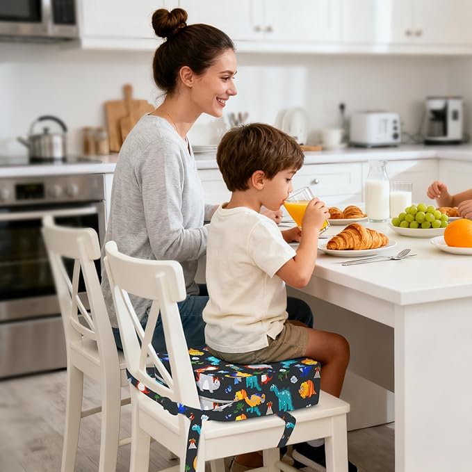 Toddler Booster Seat for Dining Table Kitchen Chair, Kids Booster Seat with Non-Slip Bottom and Adjustable Straps, 4" Detachable Washable Portable Travel Increasing Cushion (Dinosaur)