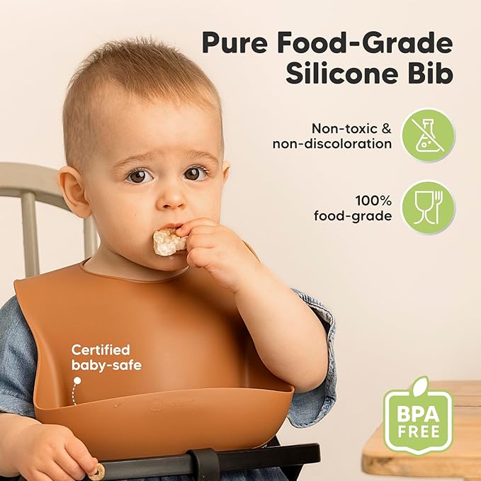 KeaBabies 2-Pack Silicone Bibs for Babies, Toddlers Girl, Boy – Sturdy Food-Grade Baby Bibs for Eating, Large Food Catcher, Clean & Put On Easily, Waterproof Toddler Feeding Essentials (Terracotta)